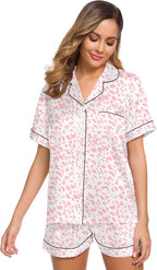 SWOMOG Womens Silk Satin Pajamas Set Short Sleeve Sleepwear Button Down Top and Shorts Loungewear 2 Piece Pjs Set XS-3XL