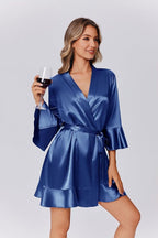 Ekouaer Women's Satin Robe Short Ruffle Hem Silky Robes Lightweight Kimono Brides Bathrobes Sleepwear XS-XXL