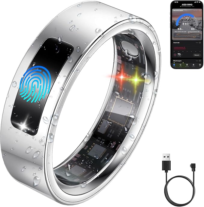 uaue Smart Health Ring for Women Men, Vibration Alert, Touch Control, Fitness Tracker Ring with Sleep/Women's Health/Heart Rate/Steps, IP68 Waterproof for iPhone and Android, Silver 11,No Subscription