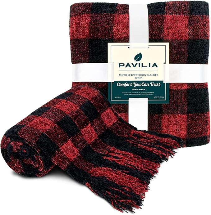 Pavilia Plaid Throw Blanket for Couch & Sofa, Soft Knit Woven Blanket with Tassel, Decorative for Living Room, Buffalo Check Black Red 50x60