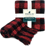 PAVILIA Plaid Chenille Blanket for Twin Size Bed, Soft Black and Red Buffalo Plaid Checkered with Tassel Fringe, Woven Knitted Decorative Blanket for Sofa Couch Living Room Decor Gift Twin 60x80