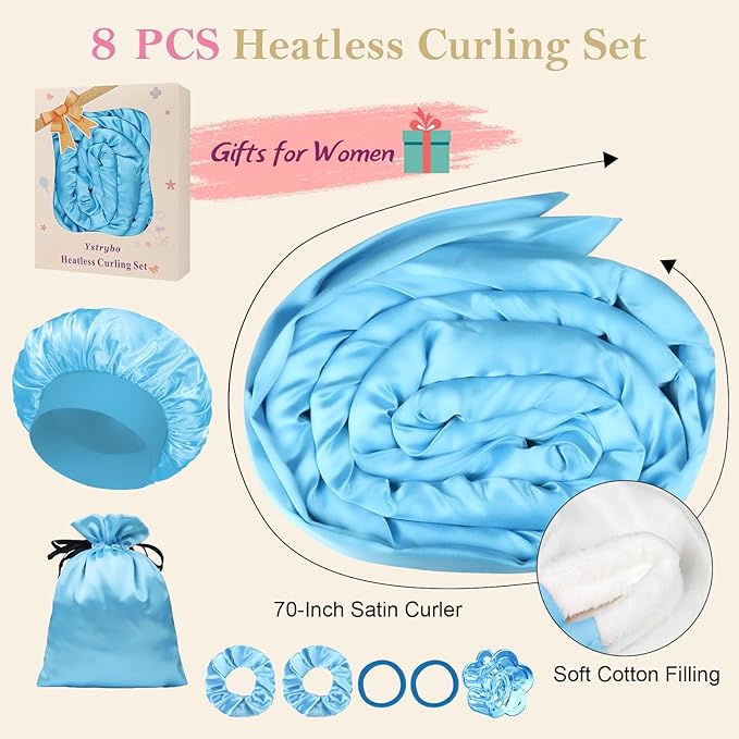 Satin Heatless Hair Curler Curls Overnight Hair Curlers to Sleep in, Hair Curlers No Heat Curls Overnight, Heatless Curling Set for Women Long Hair - 8 Pcs (Blue)