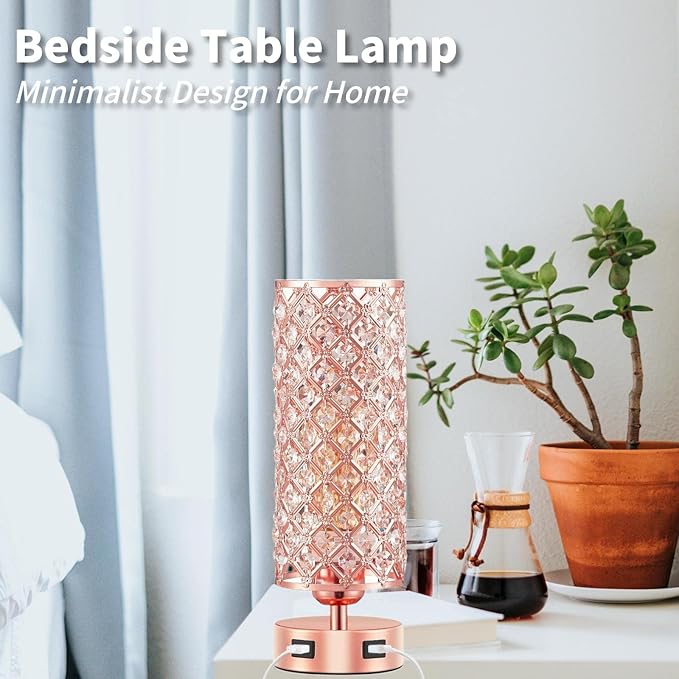 Crystal Table Lamps, Rose Gold Touch Desk Lamp Bedside Pink Lamp with 2 USB Charging Port Nightstand Night Light Room Decor for Bedroom, Kids Room, Home Office, Living Room,Bar, Restaurant