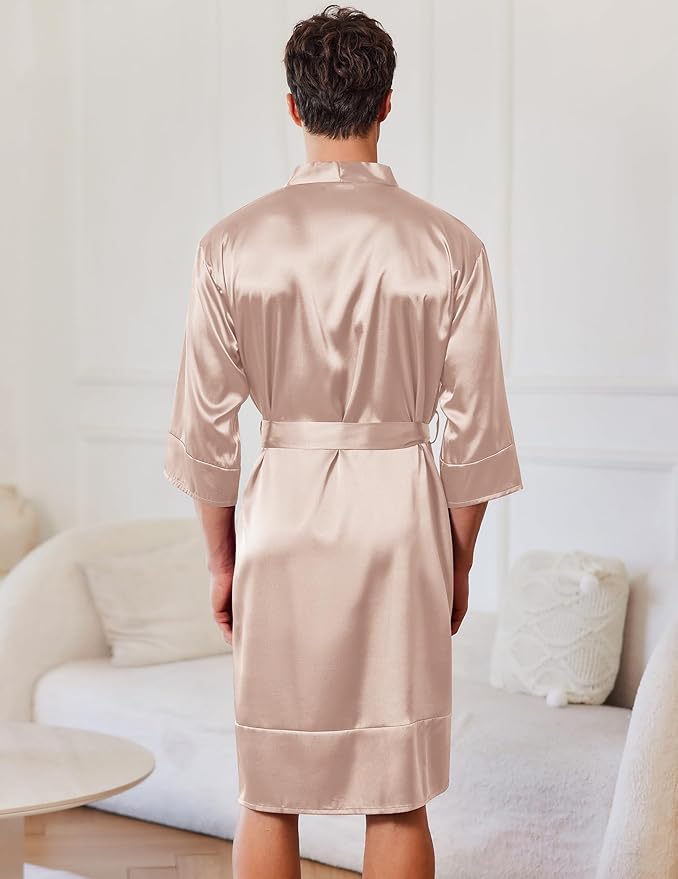 Ekouaer Mens Satin Robe Lightweight Silky Kimono Bathrobe 3/4 Sleeve Spa Knee Length Loungewear with Pockets S-3XL