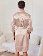 Ekouaer Mens Satin Robe Lightweight Silky Kimono Bathrobe 3/4 Sleeve Spa Knee Length Loungewear with Pockets S-3XL