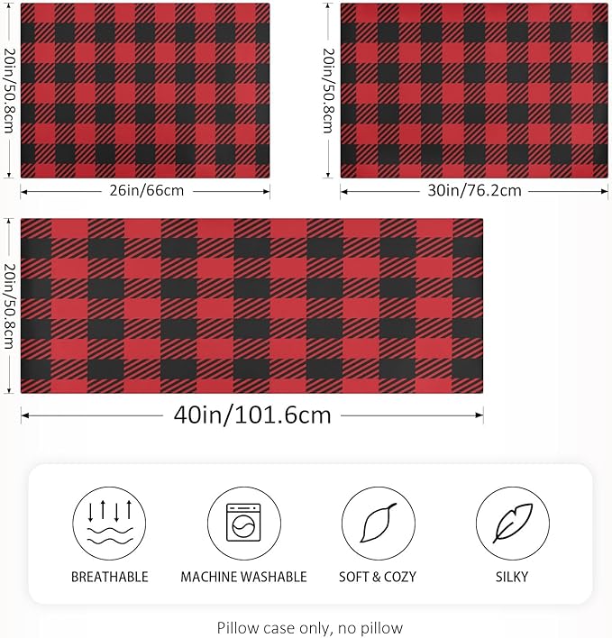 Christmas and New Year Buffalo Plaid Satin Pillowcase for Hair and Skin, Red and Black Buffalo Check Plaid Silk Pillow Case with Envelope Closure, King Size 20x40 inches, 1 PC