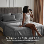 MR&HM Satin Bed Sheets, Queen Size Sheets Set, 6 Pcs Silky Bedding Set with 15 Inches Deep Pocket for Mattress (Queen, Dark Grey)
