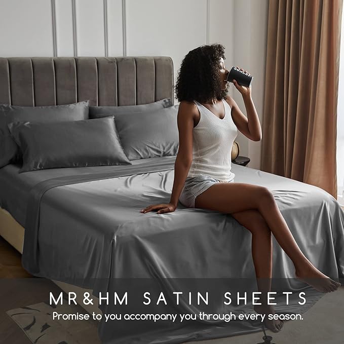MR&HM Satin Bed Sheets, Queen Size Sheets Set, 6 Pcs Silky Bedding Set with 15 Inches Deep Pocket for Mattress (Queen, Dark Grey)