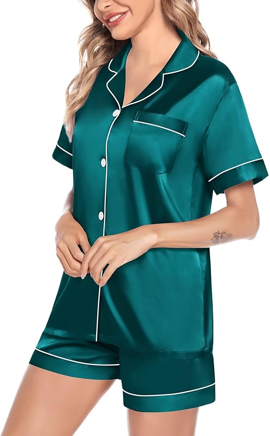 SWOMOG Satin Matching Pajamas Sets Couple Silk Button Down Nightwear Women & Men Short Sleeve Sleepwear 2 Pieces Loungewear