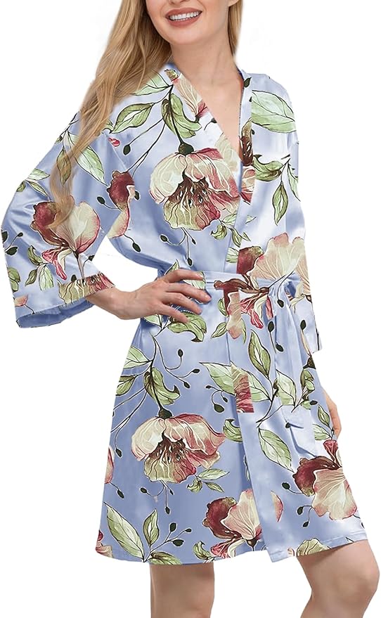 WJing Yi Jia Womens Satin Kimono Robe Silky Robes Floral Bathrobe Bride Bridesmaid Wedding Bridal Dressing Gown Loungewear