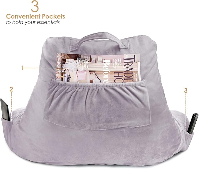 Clara Clark Reading Pillow for Kids & Teens with Shredded Memory Foam, Backrest Pillows for Reading, Watching, and Gaming, Use on Couch, Bed, or Floor, Adjustable Support, Washable Cover Grey Lavender