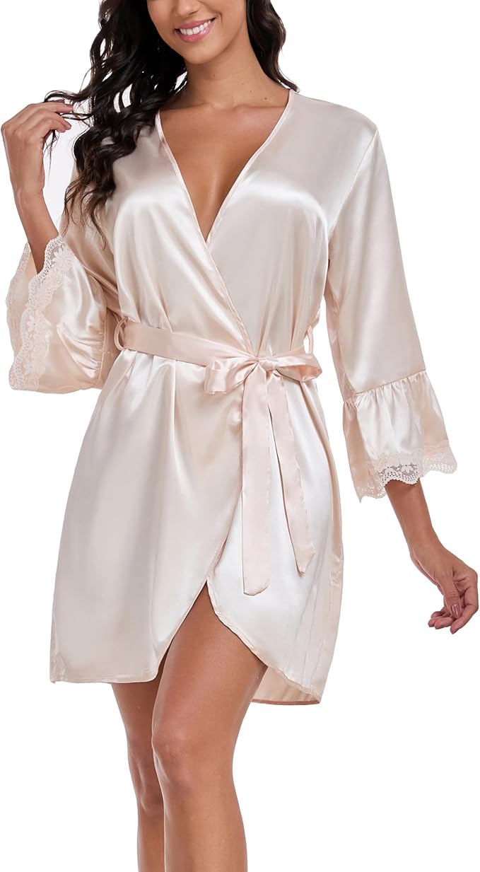Lace Trim Satin Robes for Women Bride Bridesmaid Silky Kimono Robe Valentines Lingerie with Bell Sleeves