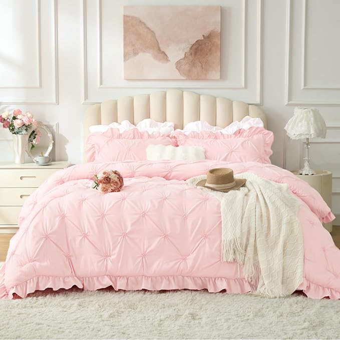 BEDELITE Baby Pink King Size Comforter Set - 3 Pieces Boho Ruffle Pintuck Bedding Comforter Sets, Lightweight Soft & Warm King Bedding Set with 2 Pillowcases for All Season