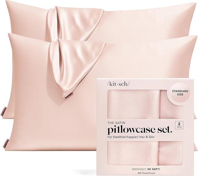 Kitsch Satin Pillowcase with Zipper for Hair & Skin - Softer Than Silk Pillow Cases, Smooth Cooling Satin Pillow Case, Wrinkle-Free, Machine Washable - Pillow Cases Standard Size 19x26 - Blush, 2pcs