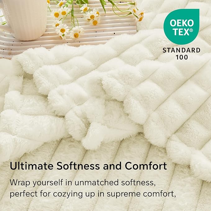 BEDELITE Cream Throw Blanket for Couch and Bed- Super Soft and Warm 3D Checkered Fluffy Fuzzy Fleece Blanket, Luxurious Plush Cozy Blanket for Room Decor Spring, 50x60 inches