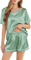 Silk Pajamas for Women Short Sleeve Satin 2 Piece Pj Set Soft V Neck Sleepwear Loungewear, S-XXL