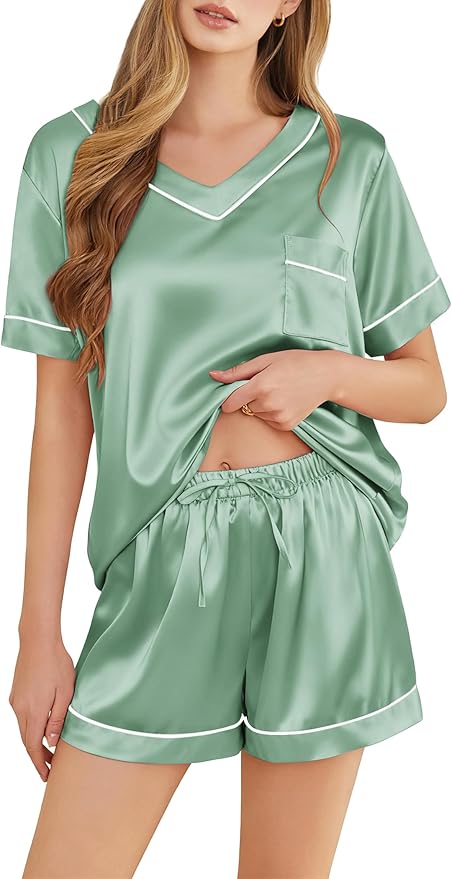 Silk Pajamas for Women Short Sleeve Satin 2 Piece Pj Set Soft V Neck Sleepwear Loungewear, S-XXL