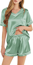 Silk Pajamas for Women Short Sleeve Satin 2 Piece Pj Set Soft V Neck Sleepwear Loungewear, S-XXL