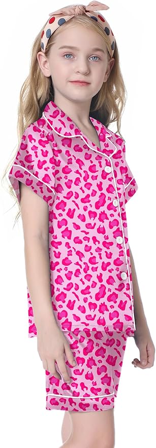 Umeyda Women & Girls Pajamas Set, Soft Satin Lightweight Silk Button-Down Top with Shorts 2 Piece PJS for Mom Boys Kids Gifts