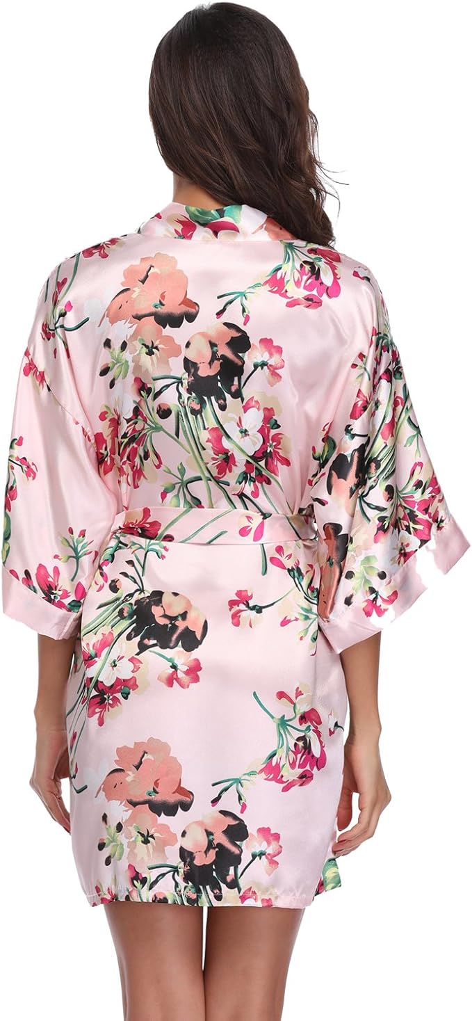 Women's Floral Satin Robes Bride Bridesmaid Getting Ready Robe Short Silky Kimono Sleepwear for Wedding Party