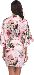 Women's Floral Satin Robes Bride Bridesmaid Getting Ready Robe Short Silky Kimono Sleepwear for Wedding Party