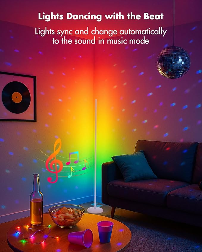 Corner Floor Lamp RGB, Smart LED Corner Lamp with APP & Remote Control, Floor Lamp Dimmable with 16 Million Colors, Music Sync, Standing Lamps for Living Room, Bedroom - Silver