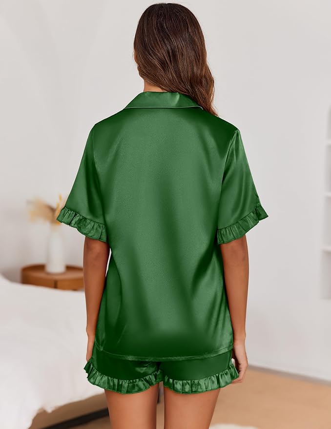 Ekouaer Satin Pajama Set for Women Button Down Silk 2 Piece Pj Sets Ruffle Short Sleeve Sleepwear