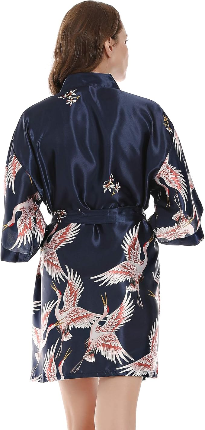 Women Kimono Robes Satin Dressing Gown Crane and Blossoms Sleep Lounge Nightwear Short Silk Bride Bridesmaid Robe