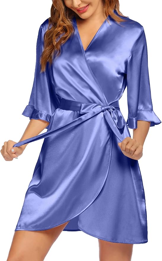 Ekouaer Women's Satin Robe Valentines Lingerie for Women Kimono Bathrobe Short Ruffle Belted Robes Bridesmaids Sleepwear