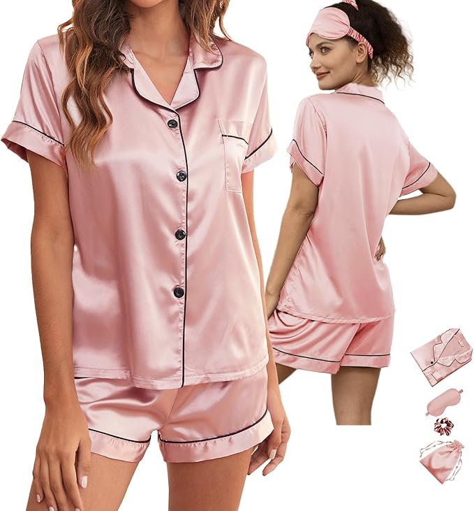 WJing Yi Jia 5Pcs Womens Soft Satin Pajama Set XS-4XL Button-Down Silk Pajamas Floral Sleepwear Bridal Pjs Lounge Pj Sets