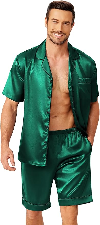 Ekouaer Mens Pajamas Set Silk Satin Sleepwear Short Sleeve Button Down Pjs Set 2 Piece Loungewear with Pockets S-XXL