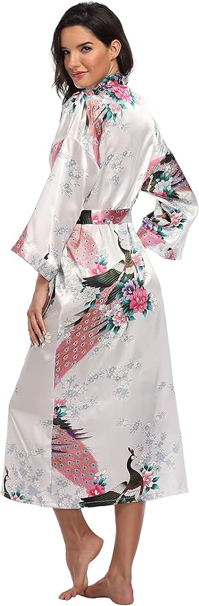 Valennia Women Long Silky Bathrobe Satin Kimono Robe Floral Printed Dressing Gown Sleepwear