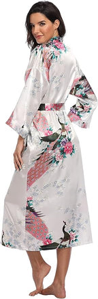 Valennia Women Long Silky Bathrobe Satin Kimono Robe Floral Printed Dressing Gown Sleepwear