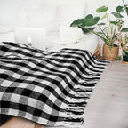PAVILIA Plaid Chenille Blanket for Twin Size Bed, Soft Black and White Buffalo Plaid Checkered with Tassel Fringe, Woven Knitted Decorative Blanket for Sofa Couch Living Room Decor, Twin 60x80