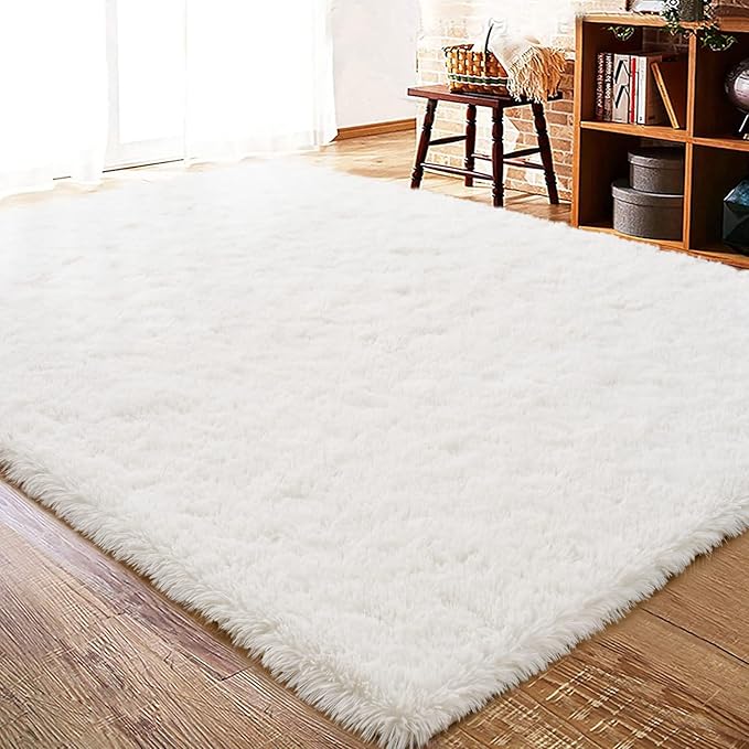 ISEAU Fluffy Rug Carpets Soft Shaggy Area Rugs Indoor Floor Mats for Kids Room Fuzzy Carpet Comfy Cute Nursery Mat Bedside for Boys Girls Bedroom Living Room Home Decor, 6ft x 9ft, Cream White