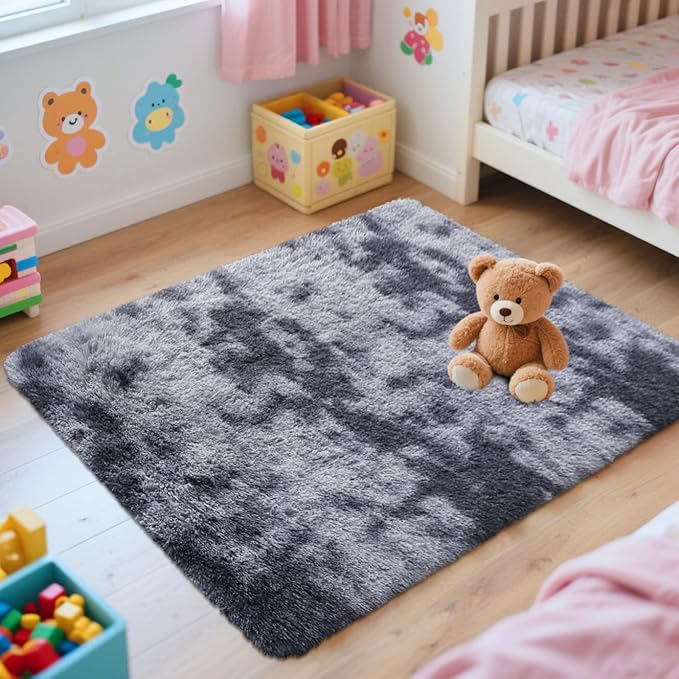 OLANLY Area Rugs for Living Room Bedroom, Machine Washable 2x3 Feet Soft Fluffy Shaggy Bedside Rug, Indoor Floor Carpet for Kids Girls and Boys, Nursery Room, Home Decor Aesthetic, Light Grey Tie-dye
