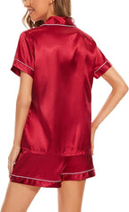 Women's Silk Pajama Set Short Sleeve Sleepwear Satin Button Down Pj Tops and Shorts 2 Piece Loungewear