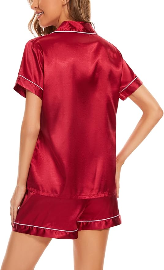 Women's Silk Pajama Set Short Sleeve Sleepwear Satin Button Down Pj Tops and Shorts 2 Piece Loungewear