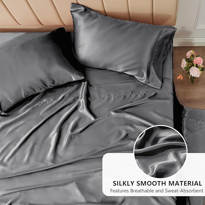 CozyLux Satin Sheets Twin Sheet Set - 3 Piece Silky Twin Bed Sheets, Luxury Dark Grey Sheet Twin Size Bed Set with Smooth and Soft Microfiber, Includes 1 Fitted Sheet, 1 Flat Sheet and 1 Pillowcase