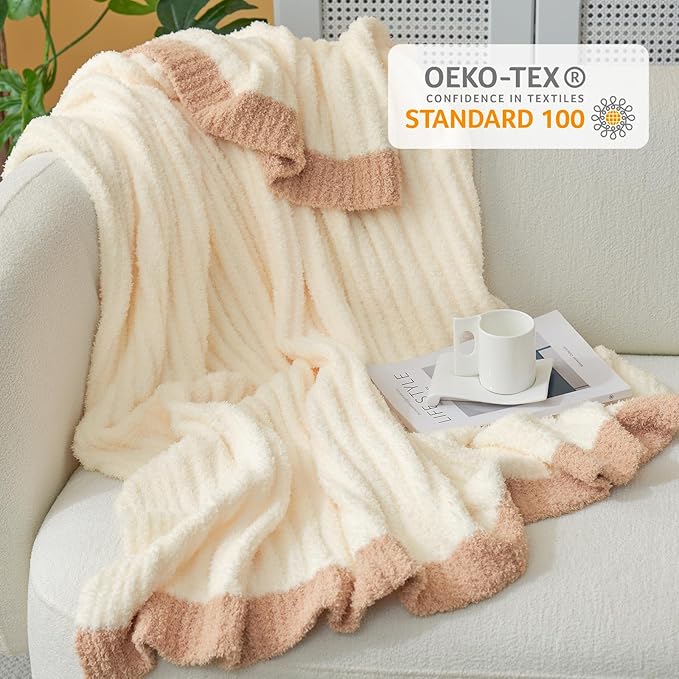 Snuggle Sac Fluffy Ribbed Cream Blanket Twin Size, Soft Luxurious Knit Throws, Fuzzy Plush Microfiber Blankets for Couch, Sofa, Bed, Cream, 60x80 inches