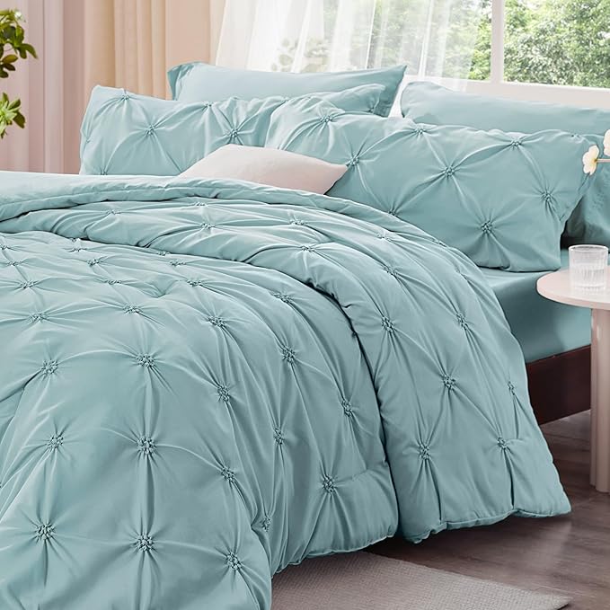 BEDELITE Dusty Blue King Size Comforter Set - 3 Pieces Boho Pintuck Bedding Comforter Sets, Lightweight Soft & Warm King Bedding Set with 2 Pillowcases for All Season
