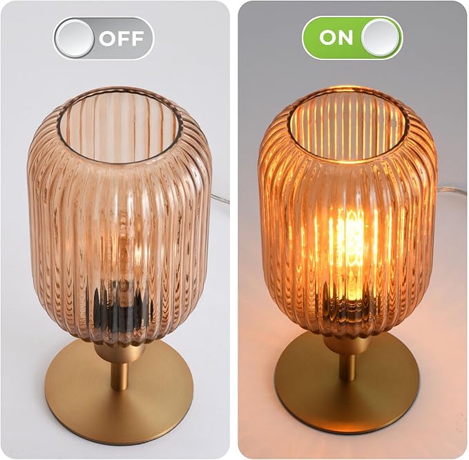Mid Century Glass Table Lamp,Dimmable Desk Lamp,LED Bulb Included,Touch Control & USB A+C Port,Cognac Amber Ribbed Glass