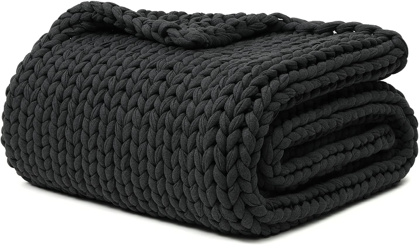 YnM 100% Cotton Weighted Blanket, Handmade Chunky Knitted Throw, No fillers Design, Soft and Breathable, Machine Washable Bed Blanket for Sleep or Home Decor (Dark Grey, 60x80 Inch, 25lbs)