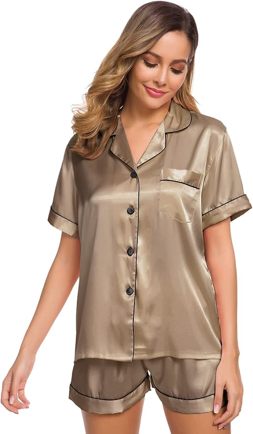 SWOMOG Womens Silk Satin Pajamas Set Short Sleeve Sleepwear Button Down Top and Shorts Loungewear 2 Piece Pjs Set XS-3XL