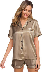 SWOMOG Womens Silk Satin Pajamas Set Short Sleeve Sleepwear Button Down Top and Shorts Loungewear 2 Piece Pjs Set XS-3XL