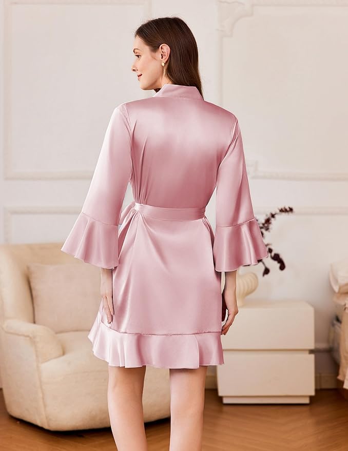 Ekouaer Women's Satin Robe Short Ruffle Hem Silky Robes Lightweight Kimono Brides Bathrobes Sleepwear XS-XXL