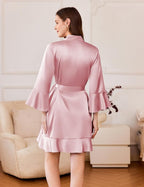 Ekouaer Women's Satin Robe Short Ruffle Hem Silky Robes Lightweight Kimono Brides Bathrobes Sleepwear XS-XXL