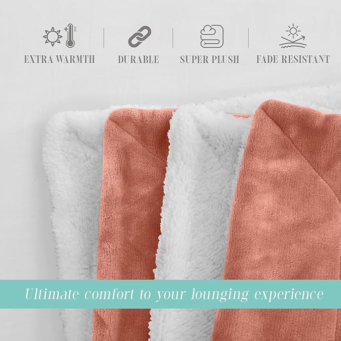 Elegant Comfort Throw Blanket, Reversible Sherpa Flannel, Ultra-Soft, Fuzzy, Cozy and Plush- All Season Lightweight Decorative Throw, 50 x 60 inches, Solid Sherpa Throw, Coral