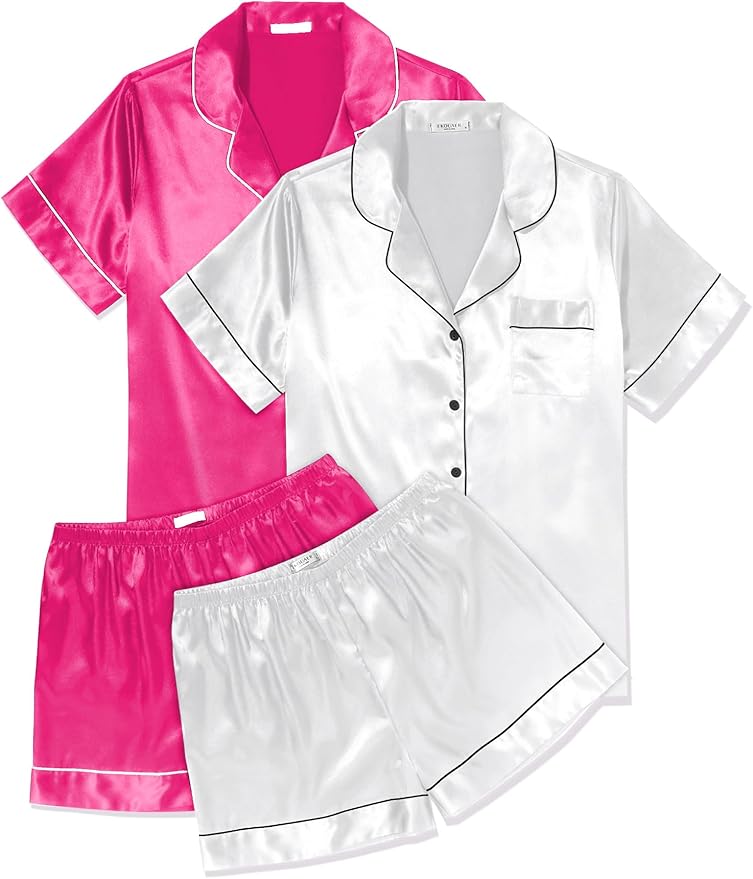 Ekouaer 2 Pack Pajama Sets for Women Silk Satin Pj Short Sleeve Button Down Sleepwear Top and Shorts Summer Lounge Set S-XXL