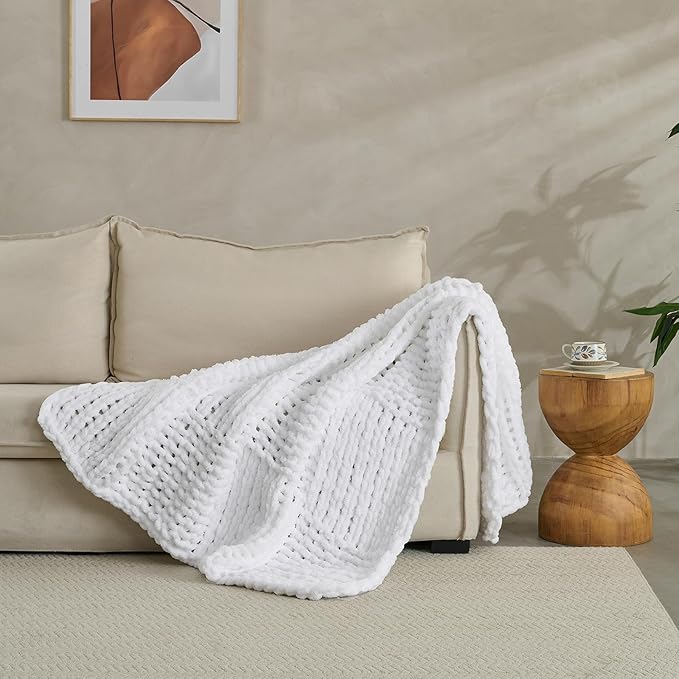 Soft Knitted Throw Blanket - 50x60 Inch Cozy & Lightweight All-Season Blanket, Wrinkle-Resistant Polyester for Couch, Bed, Sofa, Reading Nook (White)